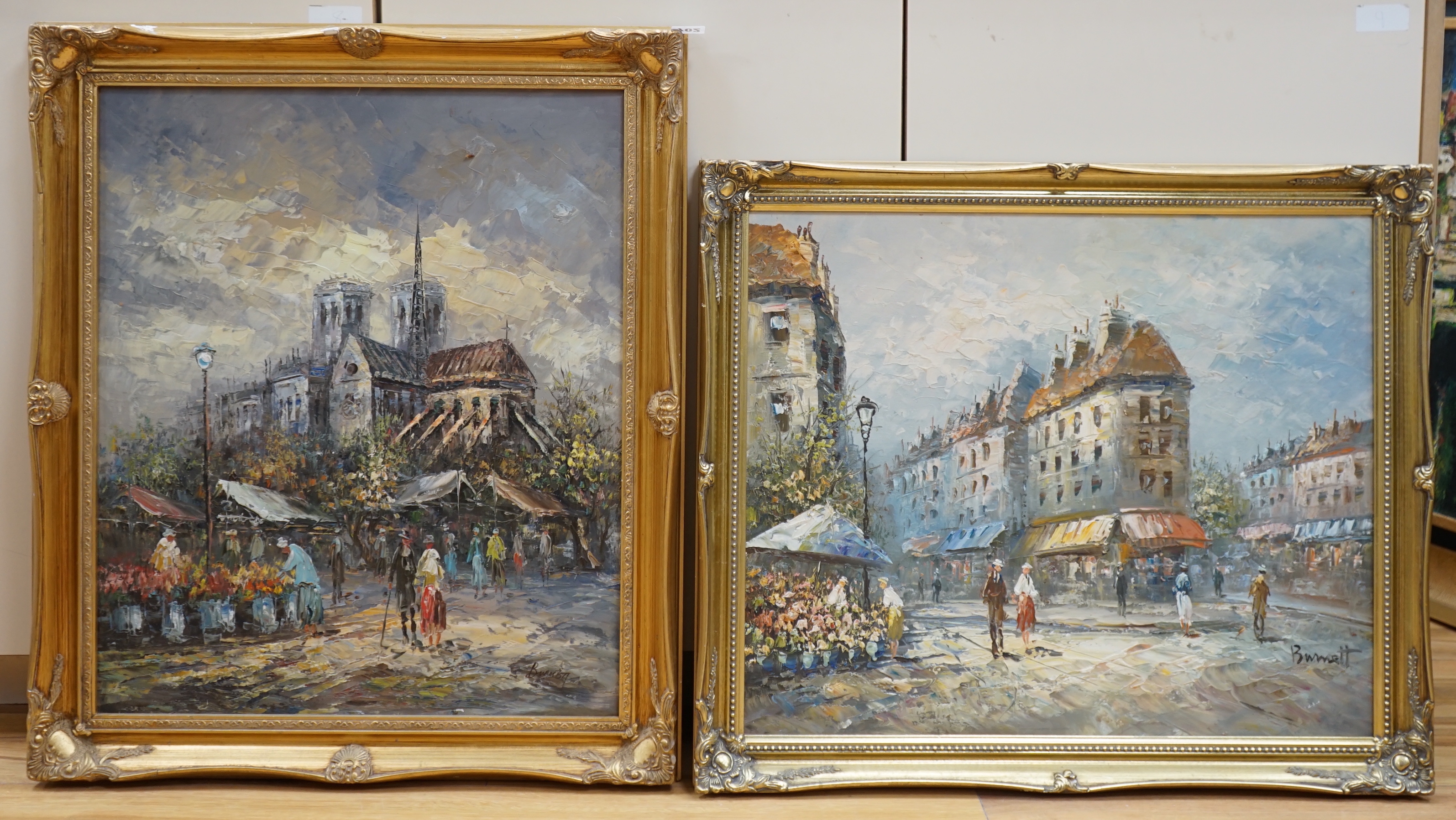 Caroline Burnett (1877-1950), two Impressionist oils on board, Parisian street scenes, signed, 59cm x 49cm